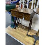 A Regency style mahogany lyre end work table, width 54cm, depth 41cm, height 74cm