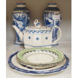 A pair of 19th century blue and white chinoiserie vases, a pearlware teapot, possibly Harley of Lane