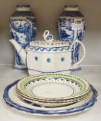 A pair of 19th century blue and white chinoiserie vases, a pearlware teapot, possibly Harley of Lane