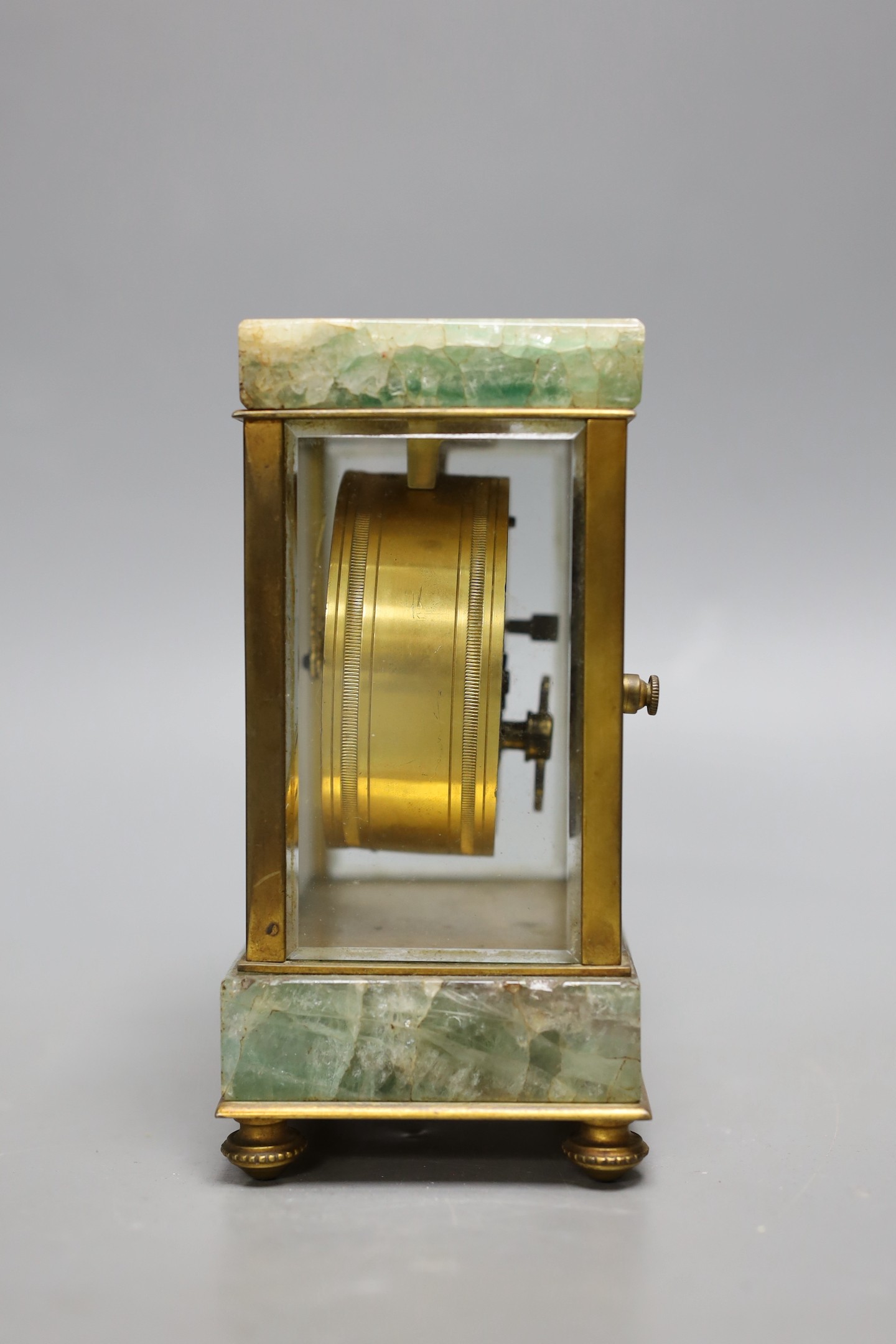 A French onyx and brass small mantel clock, with ornate enamel dial,14.5cms high - Image 2 of 4