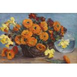 Marguerite Charrier-Roy (French 1870-1964), oil on panel, Still life of Marigolds and Daffodils in a