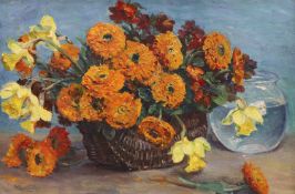 Marguerite Charrier-Roy (French 1870-1964), oil on panel, Still life of Marigolds and Daffodils in a