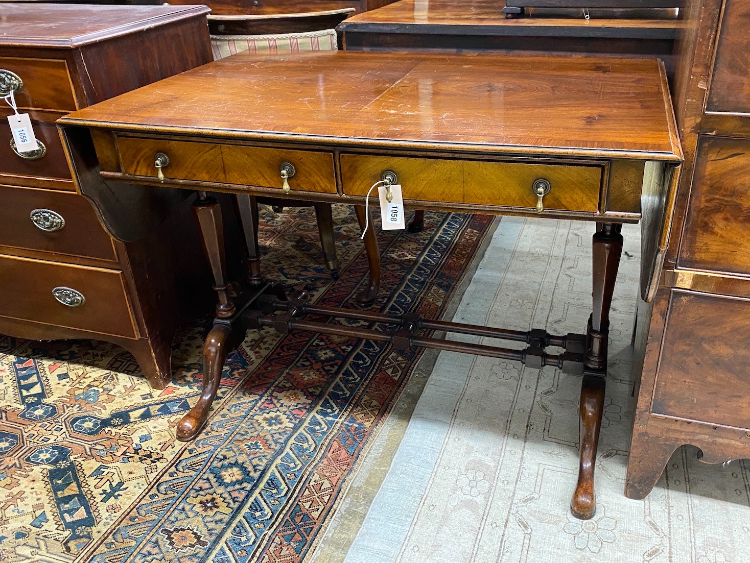 A Queen Anne revival banded walnut sofa table, width 98cm, depth 64cm, height 70cm