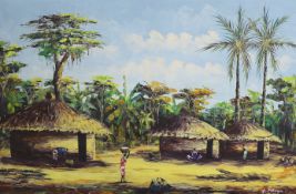 E.MBuya, oil on canvas, Village scene, signed, 47 x 71cm, unframed