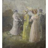 Cycling interest. An early Victorian oil on panel with figures admiring a woman riding an early