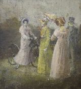 Cycling interest. An early Victorian oil on panel with figures admiring a woman riding an early