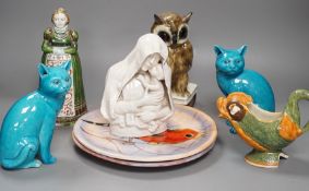 A selection of ceramics, to include two Vallauris plates, a bust of Madonna and child signed ‘