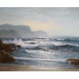 William Waage, oil on canvas, Waves breaking on the shore, 50 x 60cm
