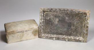 A George V silver mounted rectangular cigarette box, Birmingham, 1911, 17.2cm and an engraved