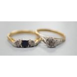 An 18ct, plat and illusion set solitaire diamond ring, size K/L and a modern 18ct gold, sapphire and