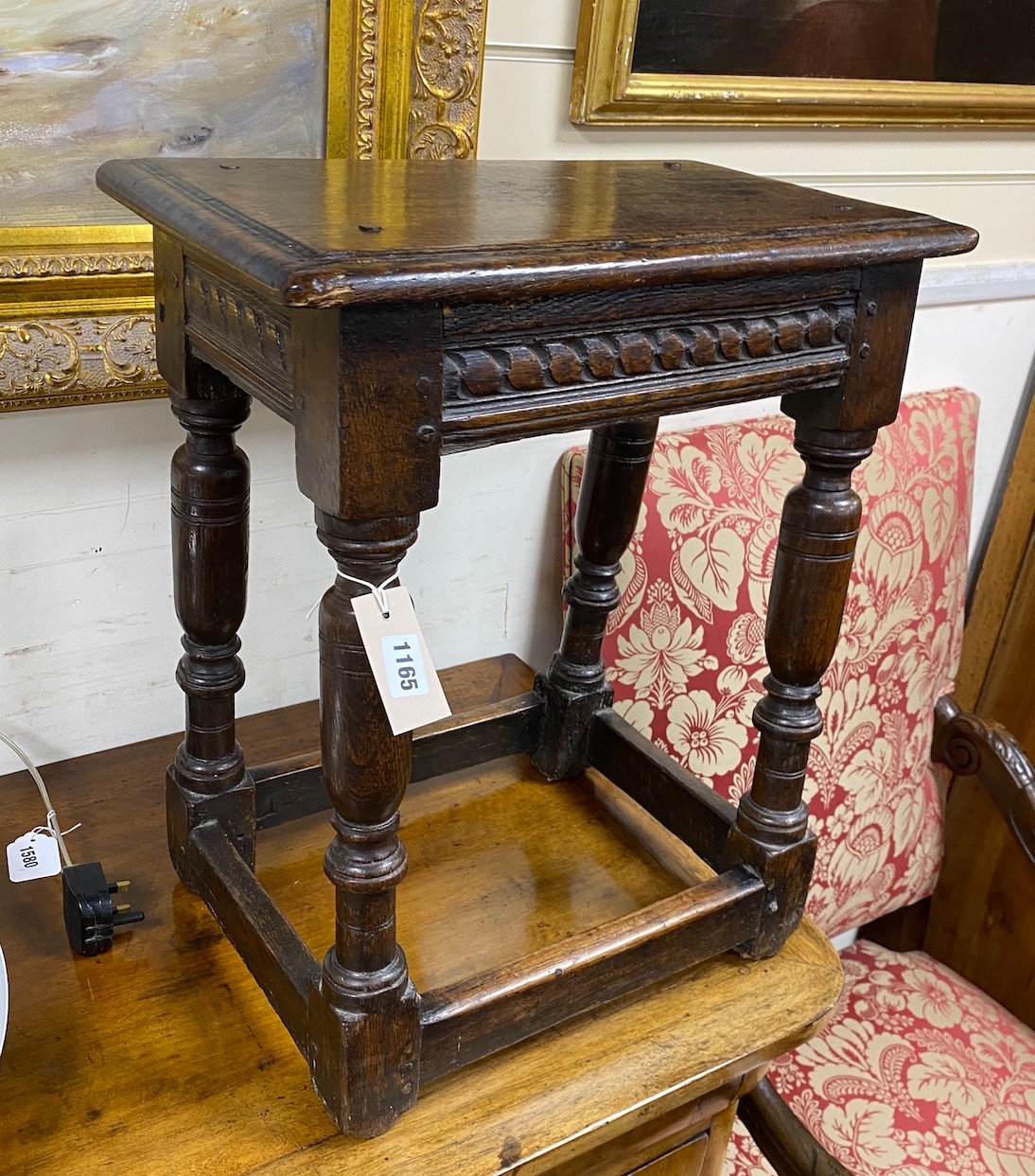 An 18th century rectangular oak joint stool, width 44cm, depth 26cm, height 53cm