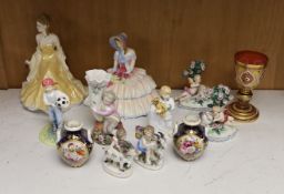 A selection of various miniature ceramics and figurines, to include Royal Crown Derby two handled