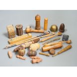 A quantity of various treen items including Tunbridge stickware items etc