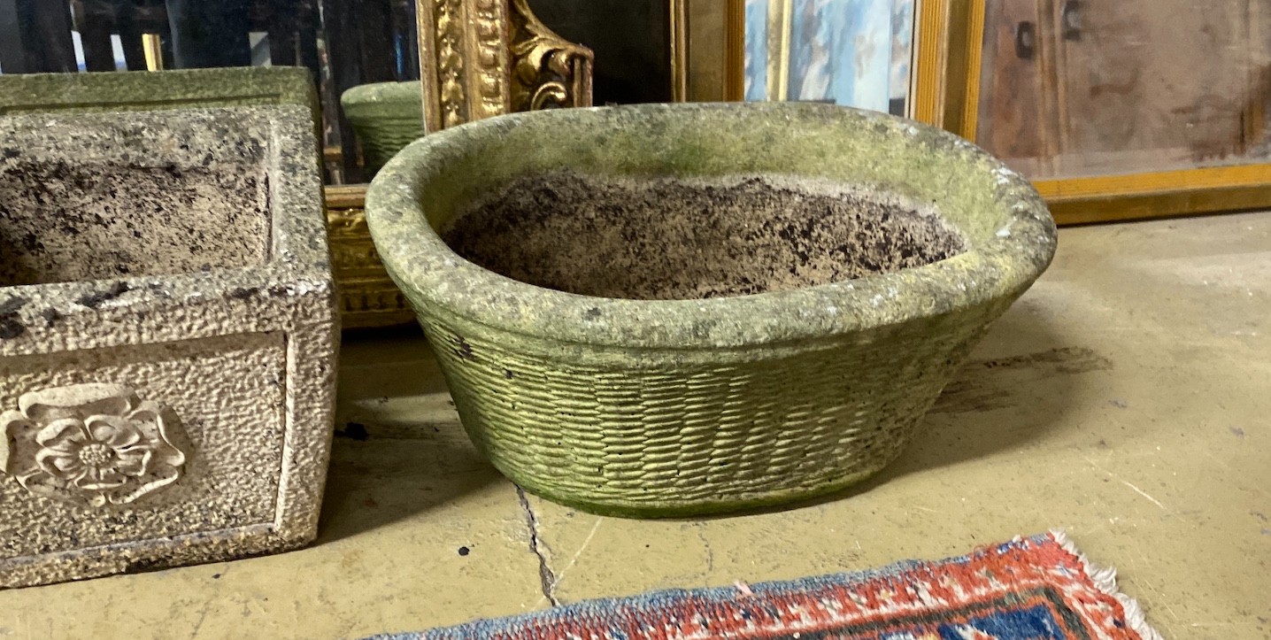 A pair of square reconstituted stone garden planters, height 19cm and a larger oval planter - Image 3 of 3