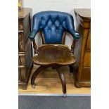 A late Victorian mahogany part upholstered desk chair, width 59cm, depth 62cm, height 82cm