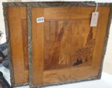 A pair of Rowley Gallery marquetry panels, one bears Liberty retailer's label verso, 37cms wide x