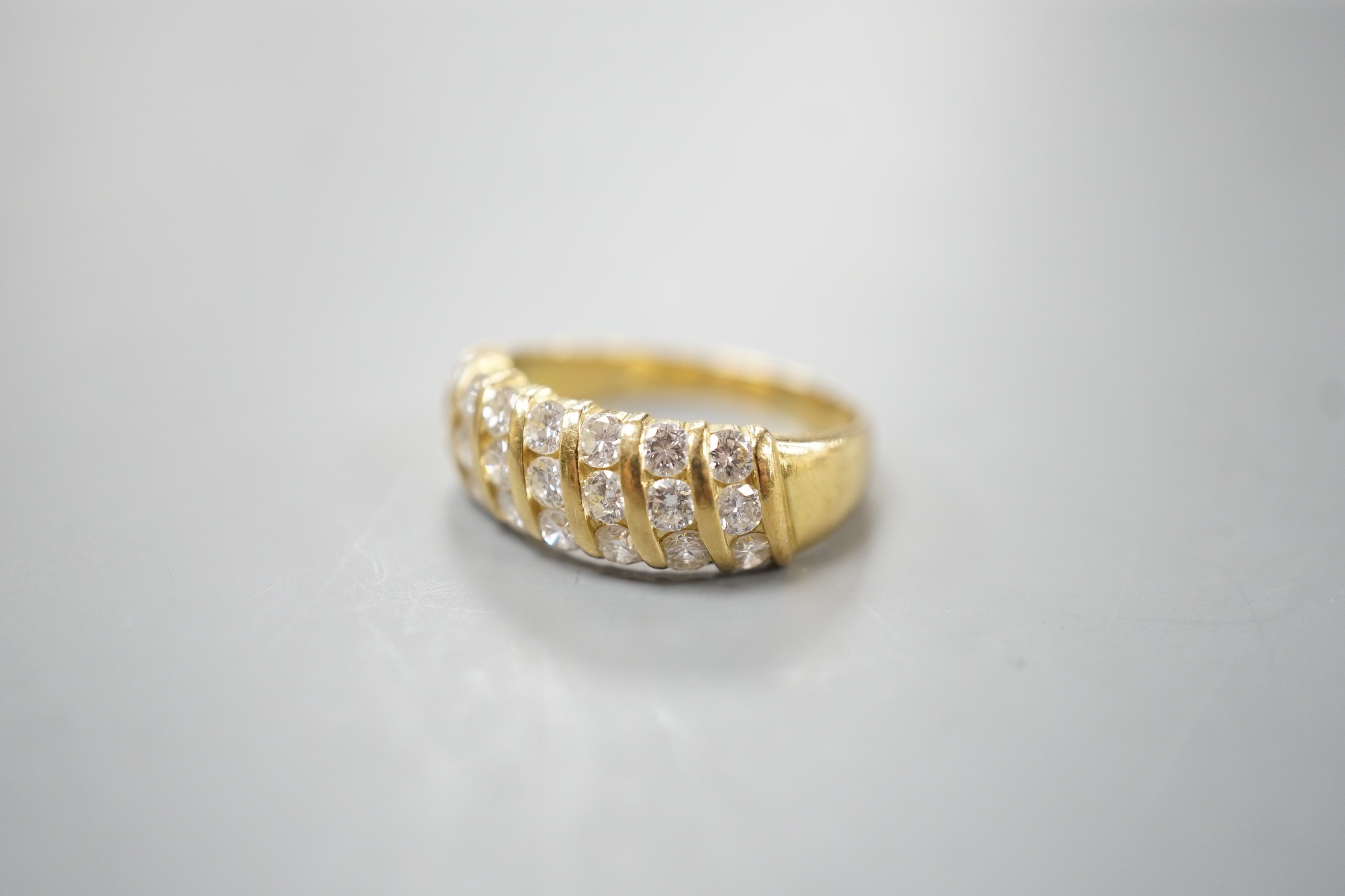 A modern 18ct gold and twenty one stone diamond set seven row half hoop ring, size N, gross weight - Image 2 of 5