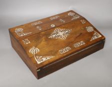 A 19th century rosewood veneered, mother of pearl inlaid writing slope, 35cms wide x 26cms deep