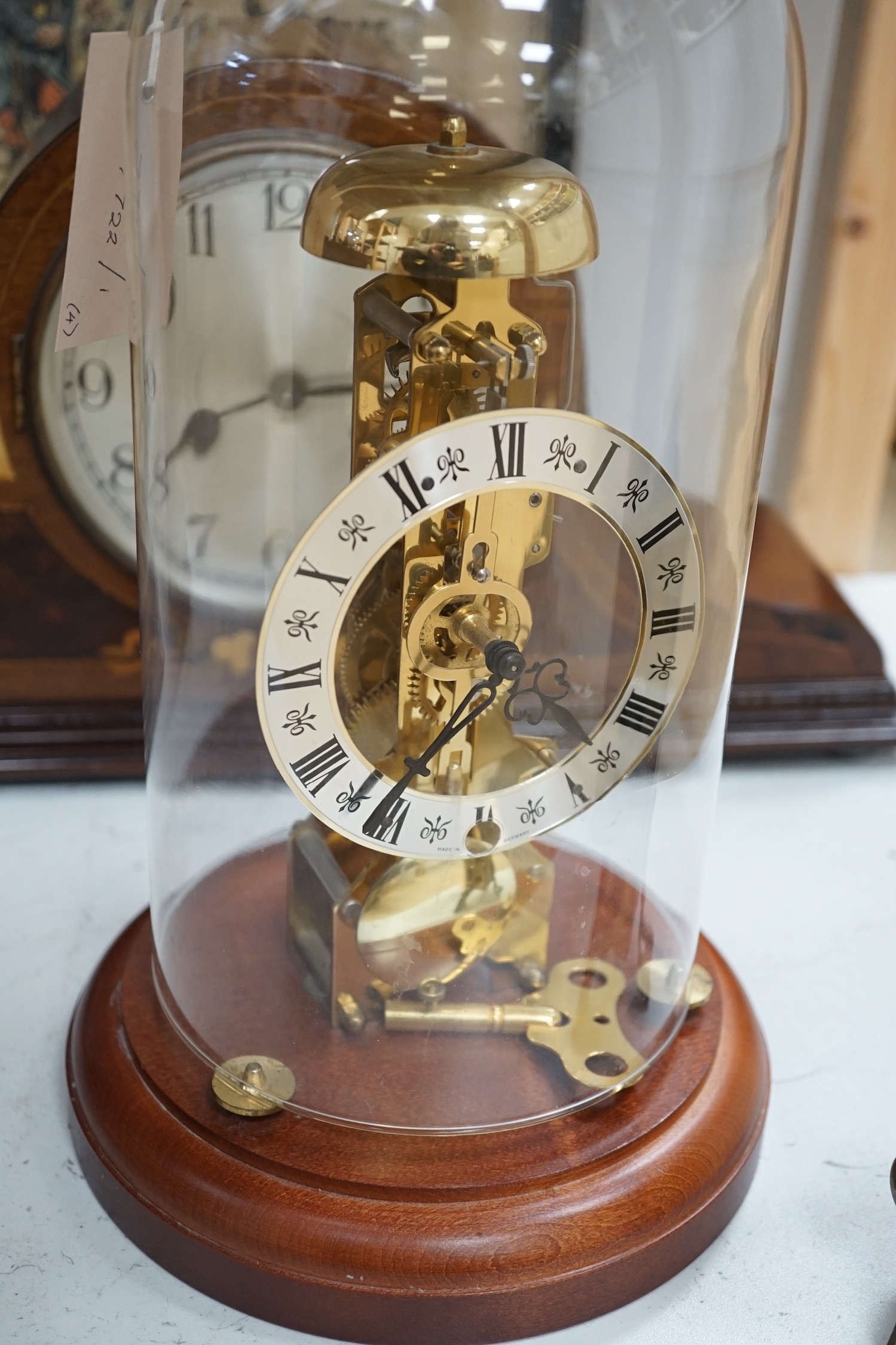 An early 20th century inlaid mahogany mantel clock, a skeleton clock under glass dome, a brass - Image 3 of 10