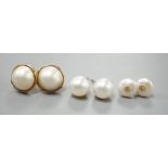 A pair of 18ct and cultured pear ear studs, a pair 9ct gold and mabe pearl ear studs and a pair of