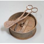 A 19th century tinder box, flint and strike and a pair of wick cutters