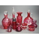 A Mary Gregory style cranberry decanter together with mixed cranberry glass (10), Mary Gregory