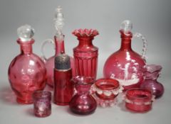 A Mary Gregory style cranberry decanter together with mixed cranberry glass (10), Mary Gregory