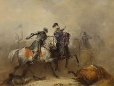 Circle of Jean-Louis Meissonier (French, 1815-1891), oil on canvas, 'Knights in battle', 38 x 50cm