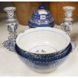 A pair of Delft blue and white candlesticks together with an 18th century Delft bowl, a Moroccan