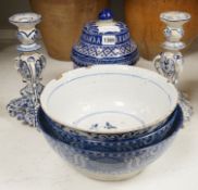 A pair of Delft blue and white candlesticks together with an 18th century Delft bowl, a Moroccan