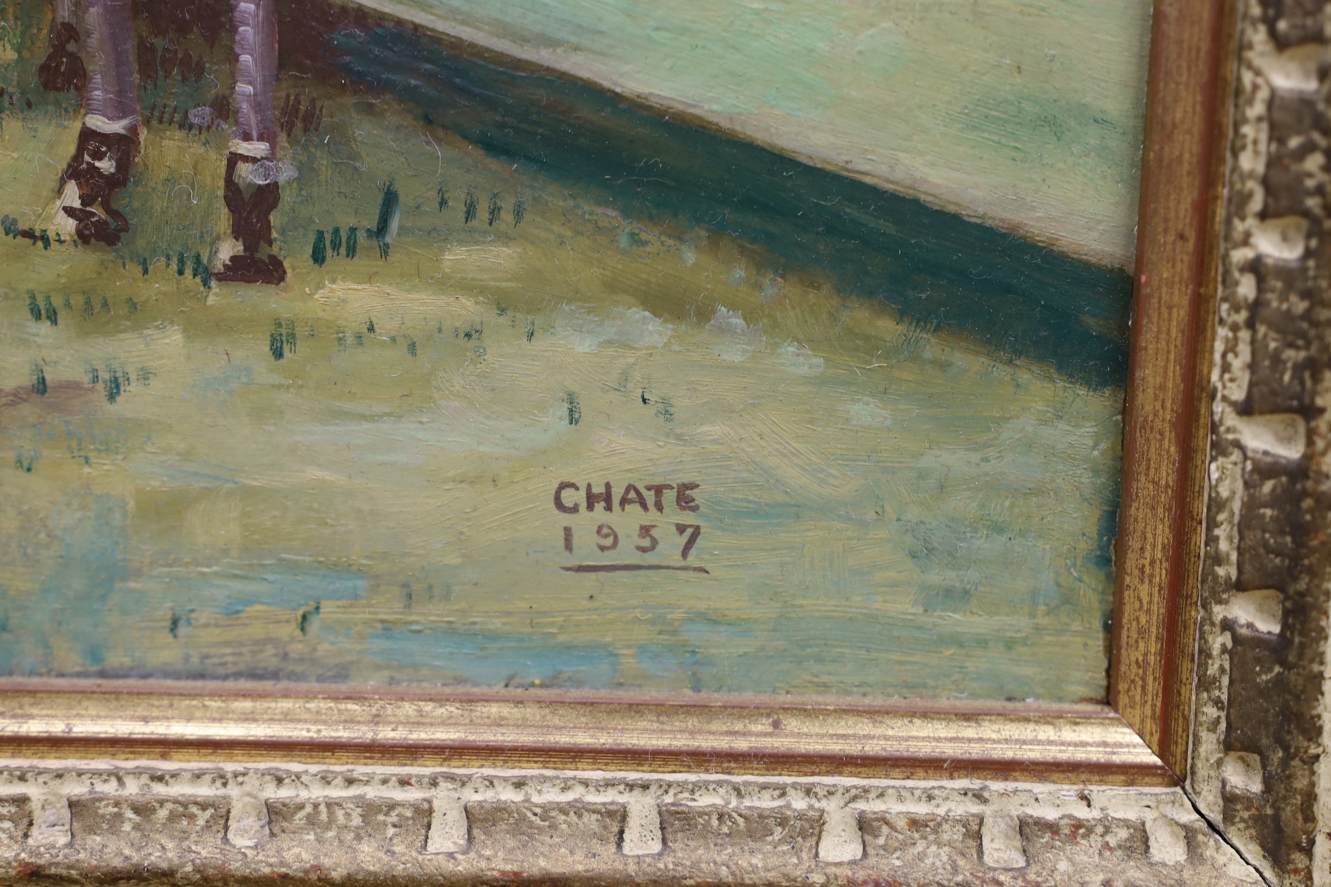 Chate (20th century), oil on board, Polo players before the match, signed and dated 1957, 40 x 50cm - Image 3 of 4