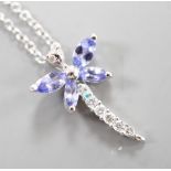 A modern Italian 18ct white gold, tanzanite? and diamond set dragonfly pendant necklace, pendant,