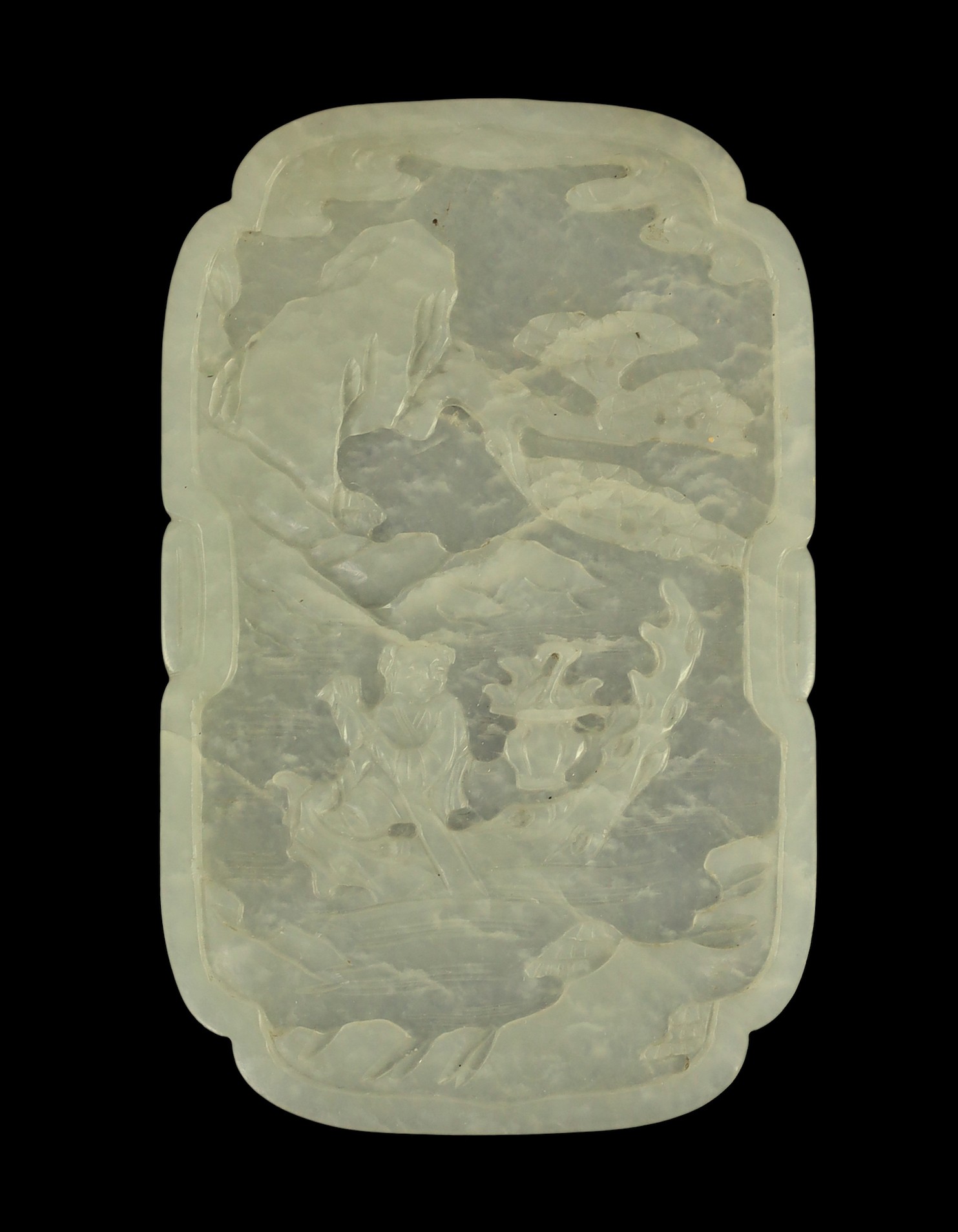 A Chinese white jade ‘He Xiangu’ shaped rectangular plaque, 18th/19th century, carved in relief with