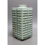 A Chinese celadon glazed cong form vase, Guangxu mark, 27cms high