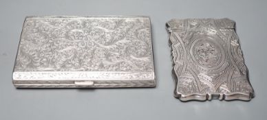 An engraved white metal card case, makers mark only AT, 97mm, together with an engraved 800 standard