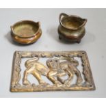 Two small bronze two handled censers and an Ordos style pierced bronze monkey panel, 13cms wide