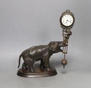 A patinated spelter ‘elephant’ mystery’ timepiece, 29cms high