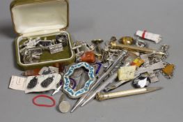 A group of mixed items including quartz pendants, a sterling and enamel brooch, 68mm, assorted pairs