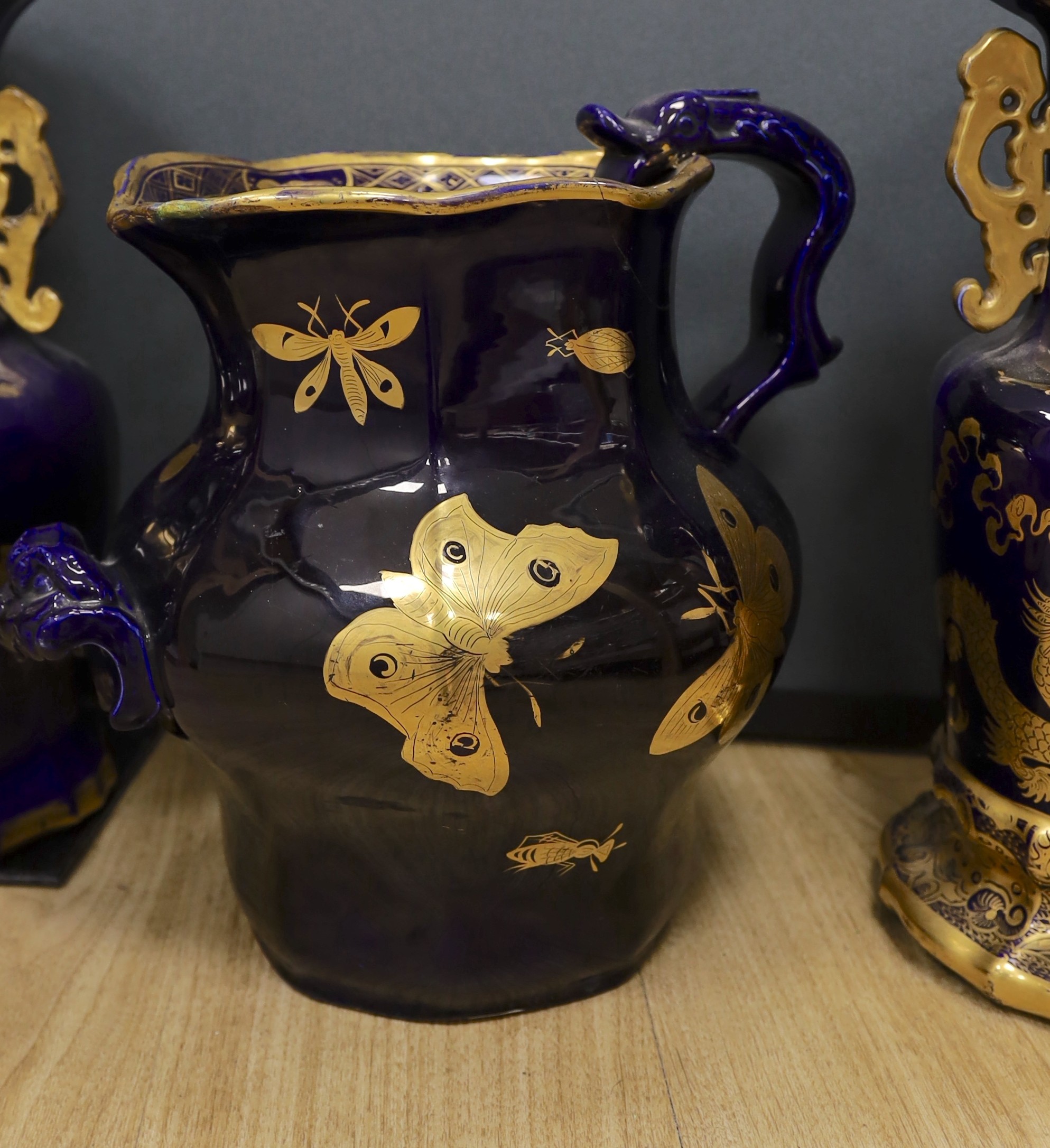 A large early 19th century Masons ironstone cobalt blue and gilt decorated jug and two similar large - Image 2 of 8