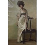 English School c.1900, oil on canvas, Full length portrait of a lady standing beside a chair, 74 x