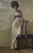 English School c.1900, oil on canvas, Full length portrait of a lady standing beside a chair, 74 x