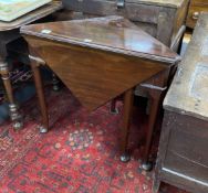 A 19th century triangular folding mahogany pad foot occasional table, width 79cm, depth 43cm, height