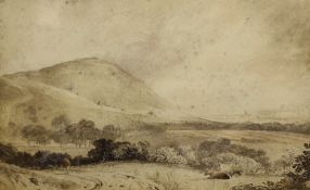 Anthony Van Dyke Copley Fielding (1787-1855), monochrome watercolour, 'The Castle Hill, Folkestone',
