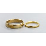 A 9ct gold wedding band, 3.8 grams and a small 22ct gold wedding band, 2.4 grams.