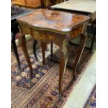 A French marquetry inlaid kingwood gilt metal mounted side table, width 53cm, depth 41cm, height