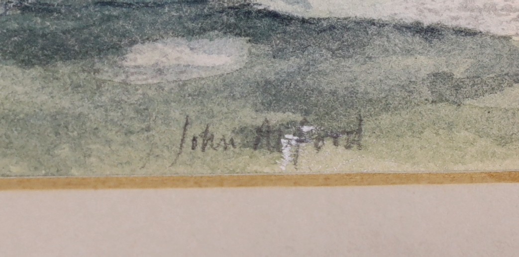 John Alford (b.1929), watercolour, Yacht moored in a rough sea, signed, 13 x 24cm - Image 3 of 3