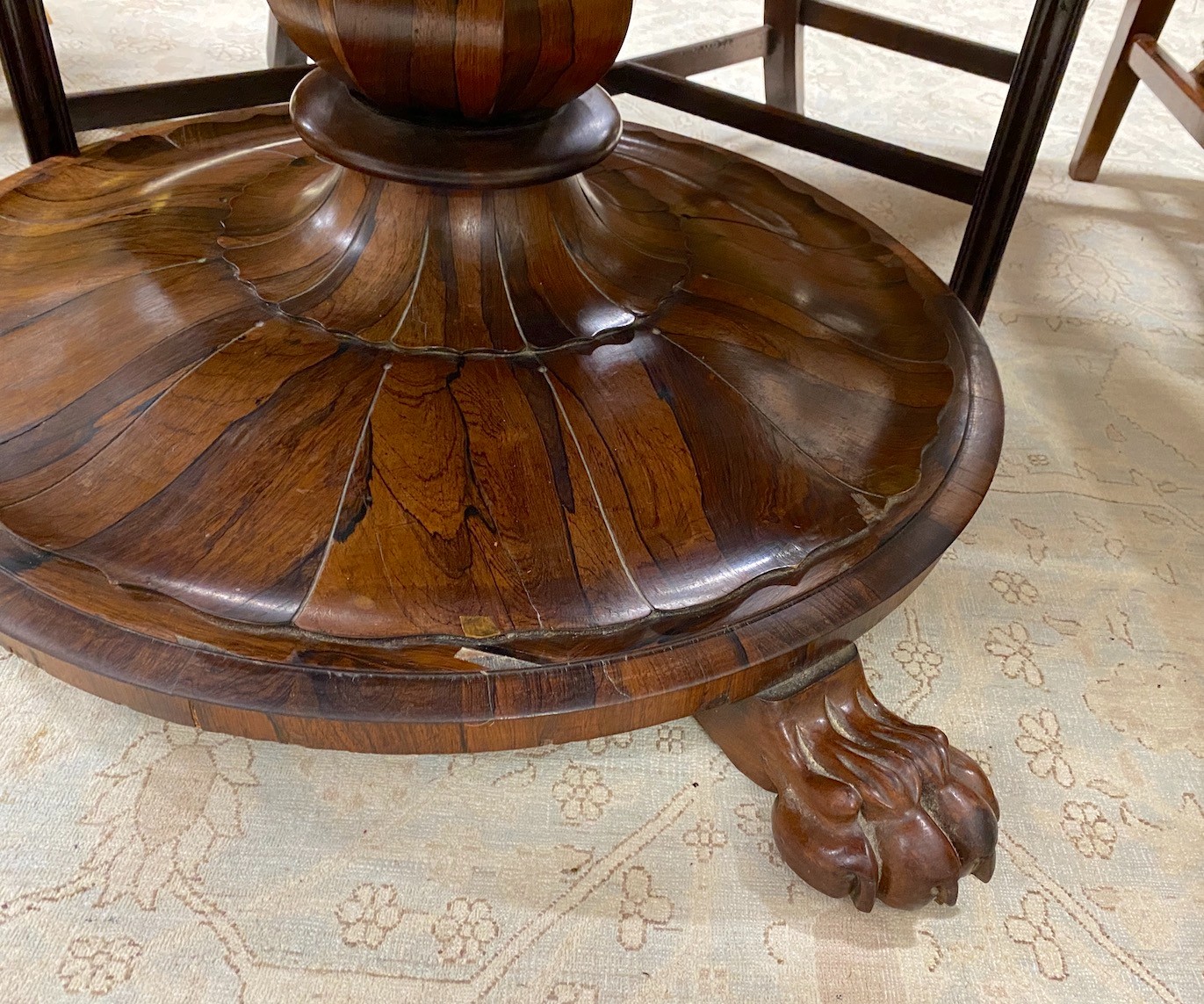 An early Victorian circular rosewood tilt top breakfast table, diameter 130cm, height 70cm - Image 3 of 3