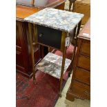 An early 20th century Continental brass and variegated marble two tier washstand, width 40cm,