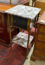 An early 20th century Continental brass and variegated marble two tier washstand, width 40cm,
