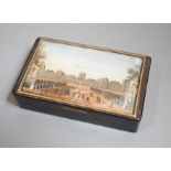 A 19th century French tortoiseshell snuff box, the top with reverse painted glass scene Tuileries